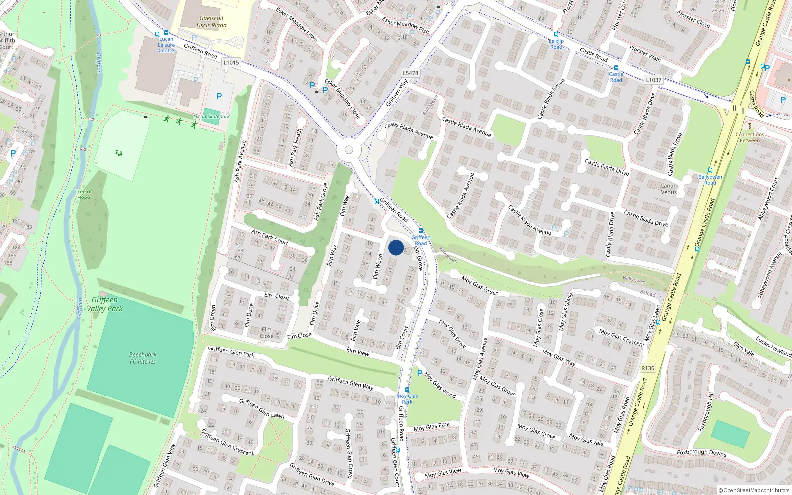 Overhead map showing the location of 2 Elm Grove, Grifeen Valley, Lucan Dublin