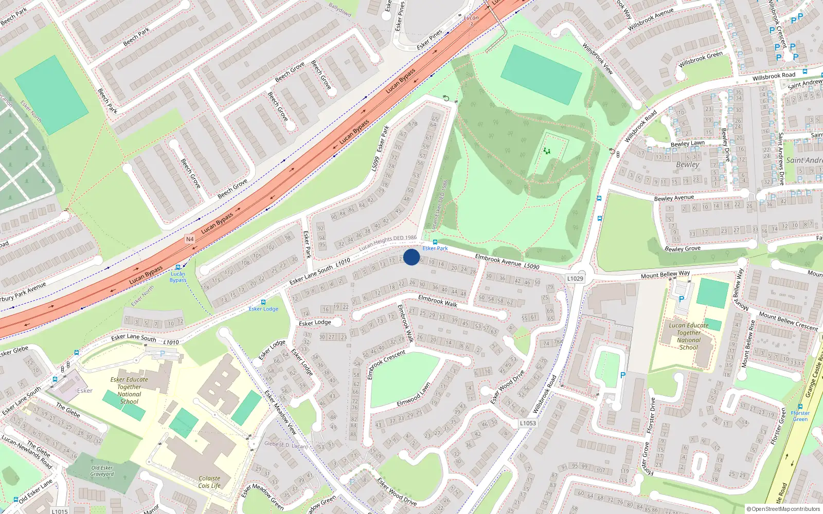 Overhead map showing the location of 2 Elmbrook Avenue, Lucan, Dublin