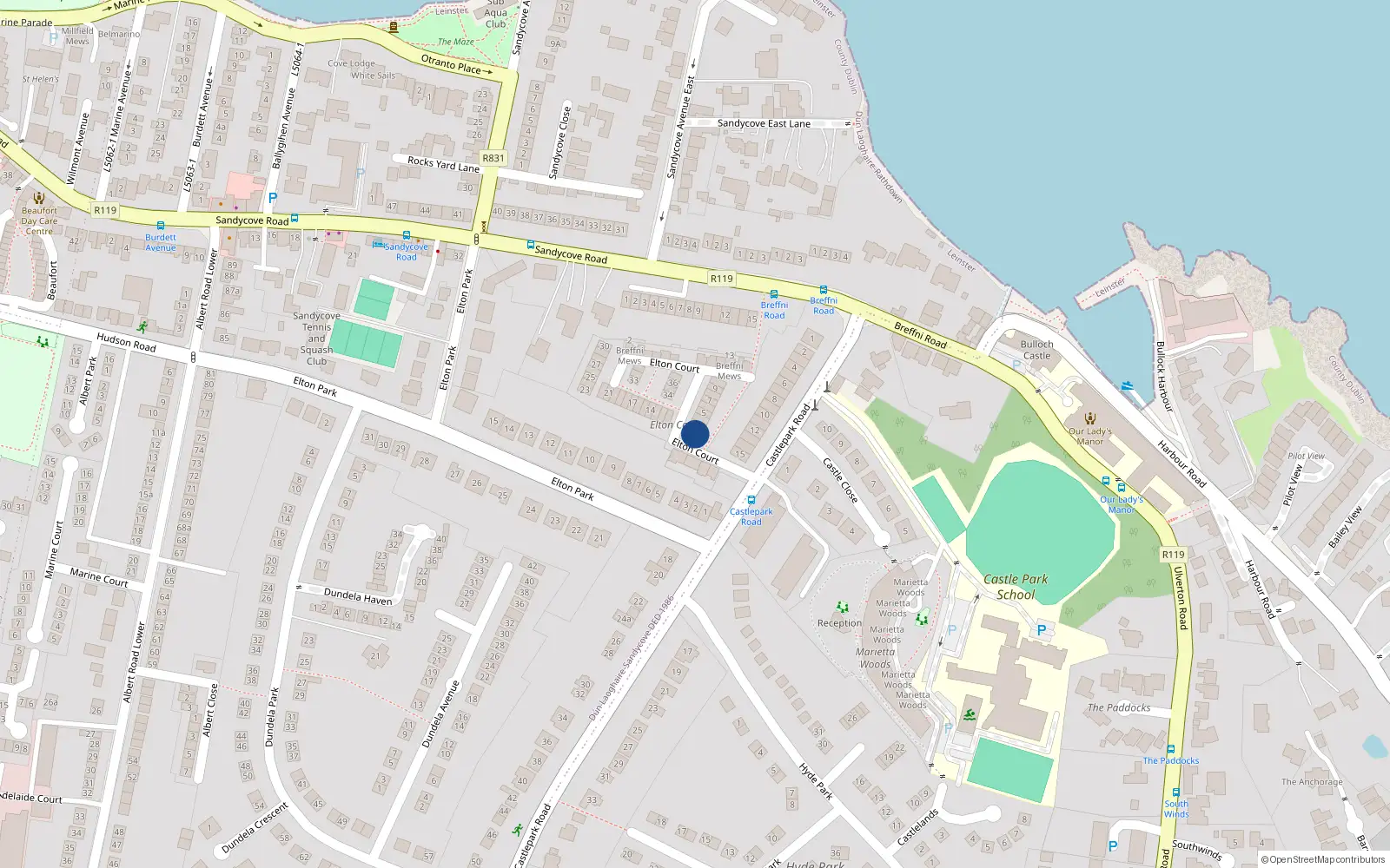Overhead map showing the location of 2 Elton Court, Sandycove, Dublin