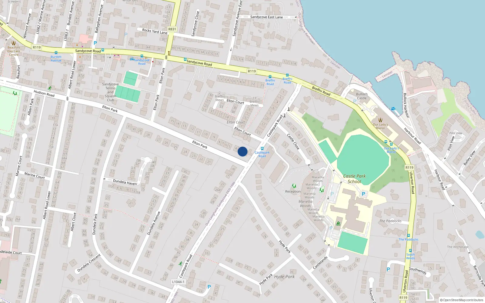 Overhead map showing the location of 2 Elton Park, Sandycove, Dun Laoghaire