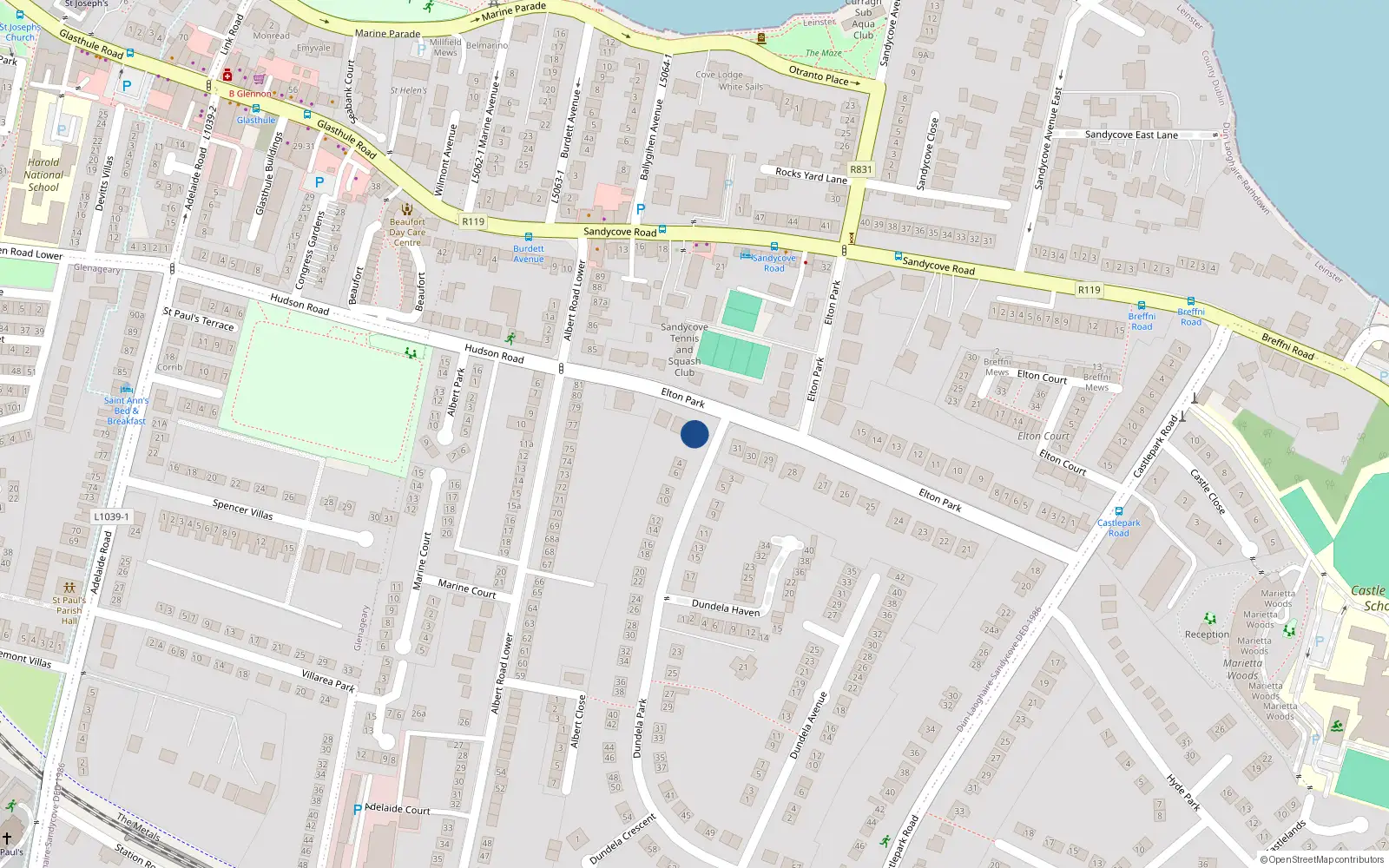 Overhead map showing the location of 2 Elton Park, Sandycove