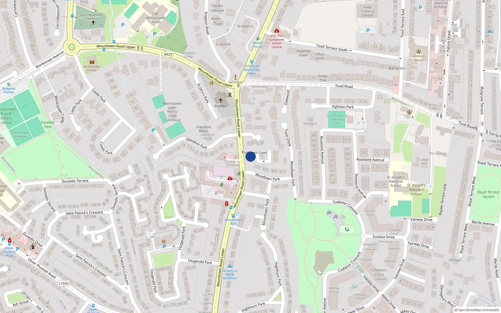 Overhead map showing the location of 2 Engleberg Court, Mounttown Lower, Dun Laoghaire