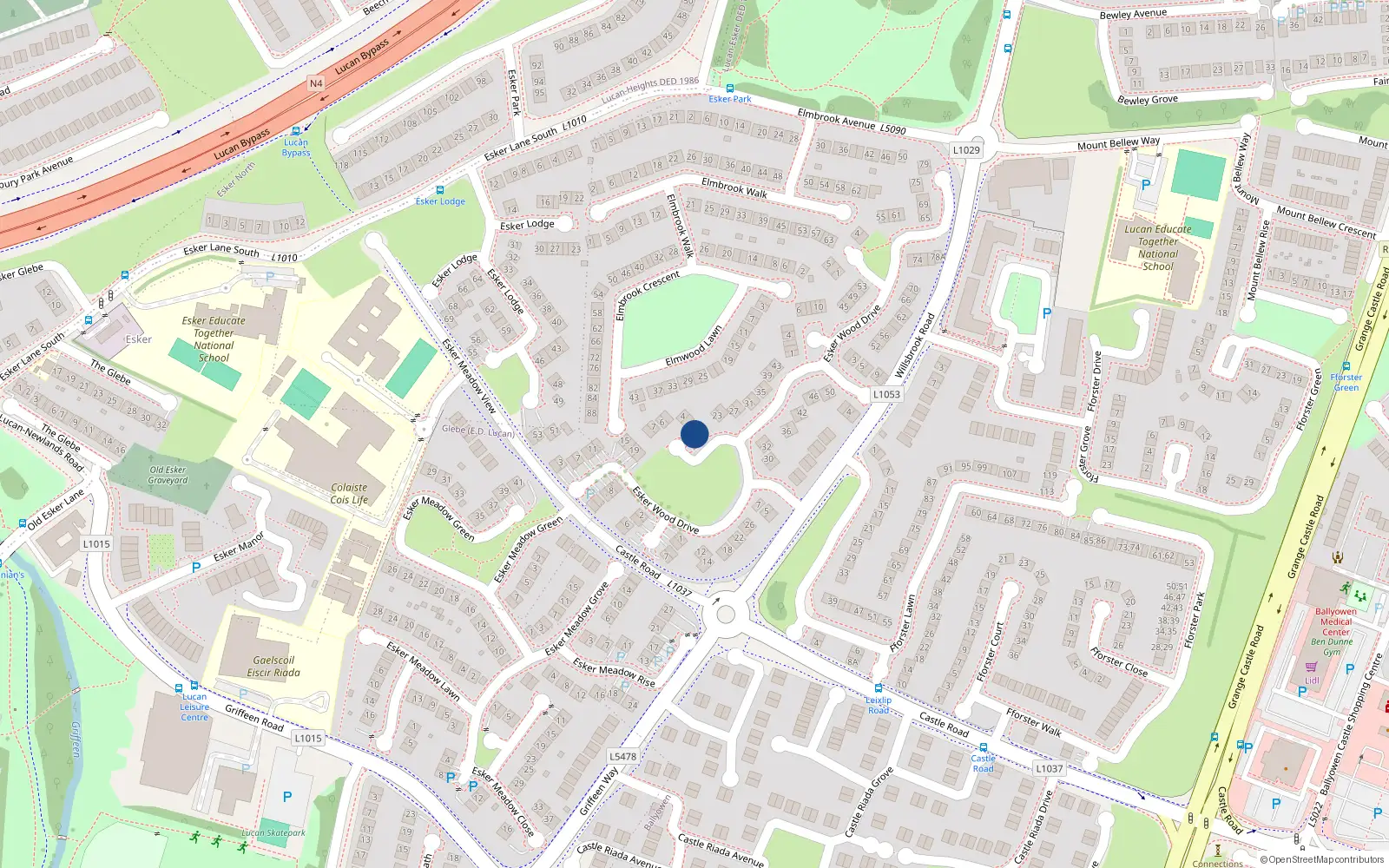Overhead map showing the location of 2 Esker Wood Walk, Lucan, Dublin