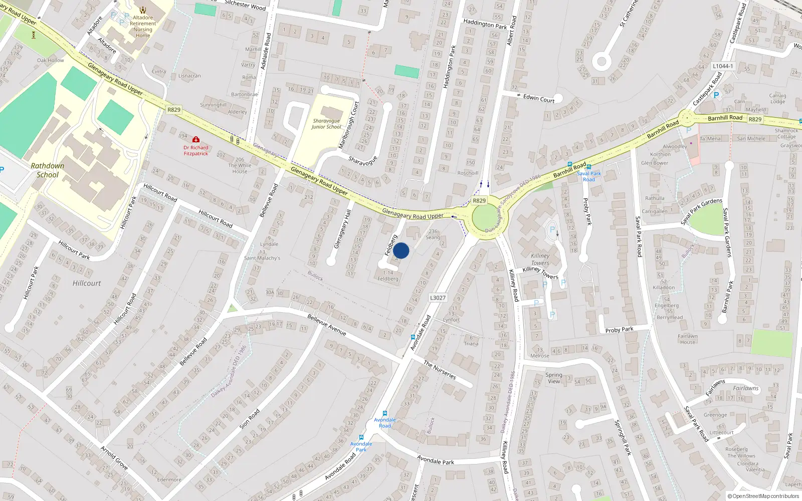 Overhead map showing the location of 2 Feldberg Road, Glenageary