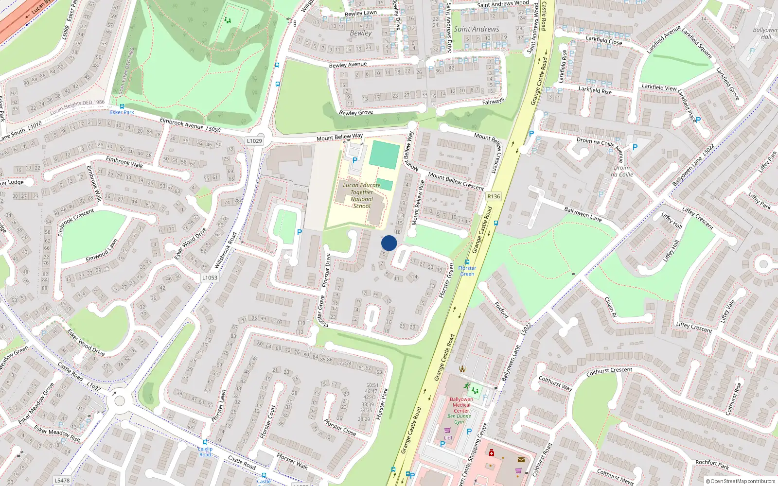 Overhead map showing the location of 2 Fforester Row, Ballydowd Manor, Lucan