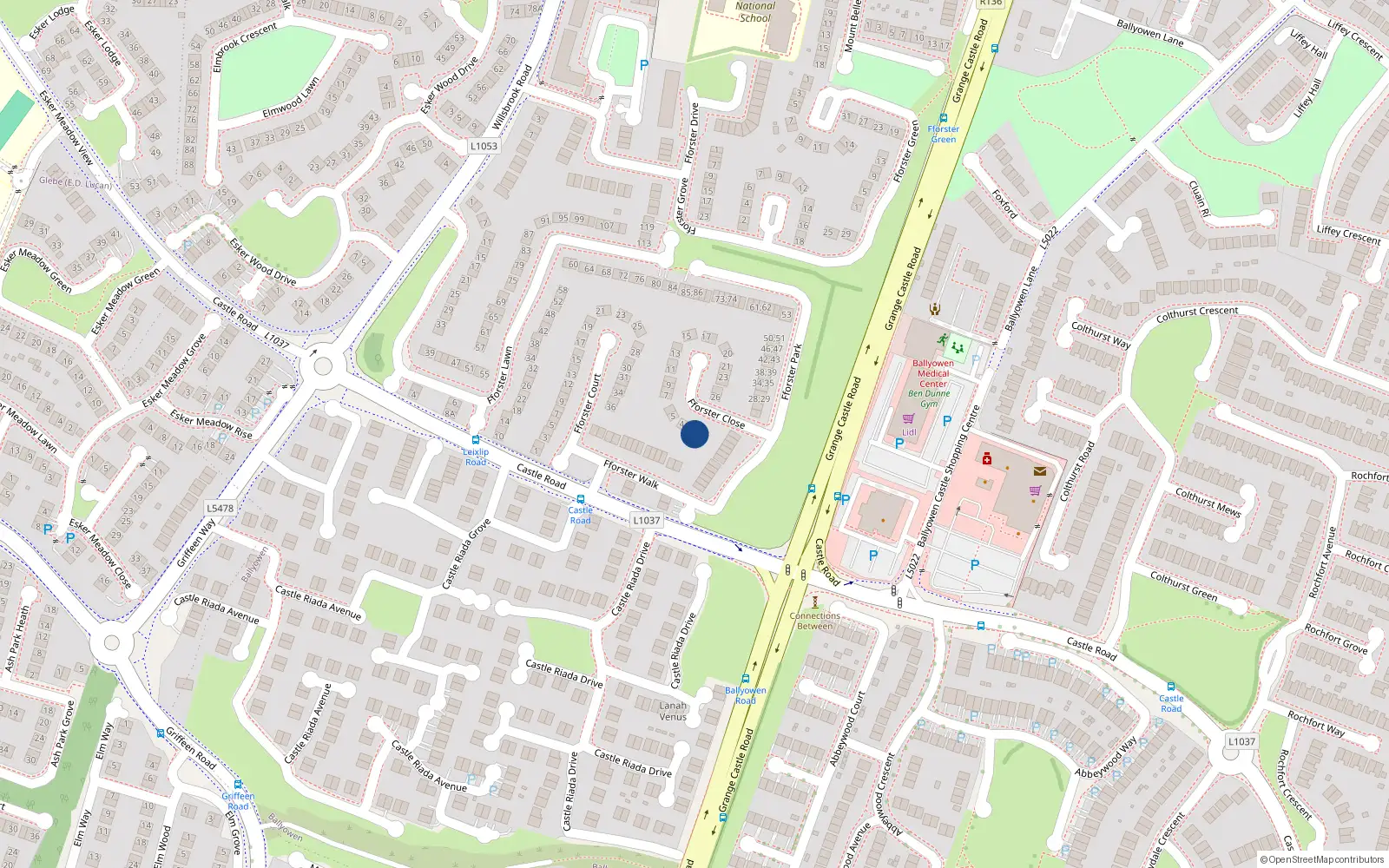 Overhead map showing the location of 2 Fforster Close, Lucan, Dublin