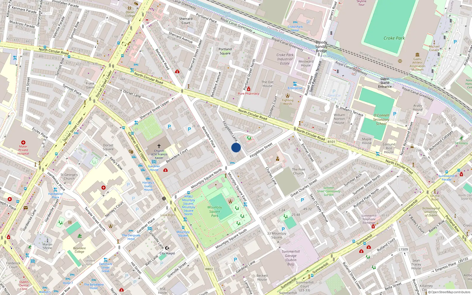 Overhead map showing the location of 2 Fitzgibbon Lane, Mountjoy Square, Dublin 1