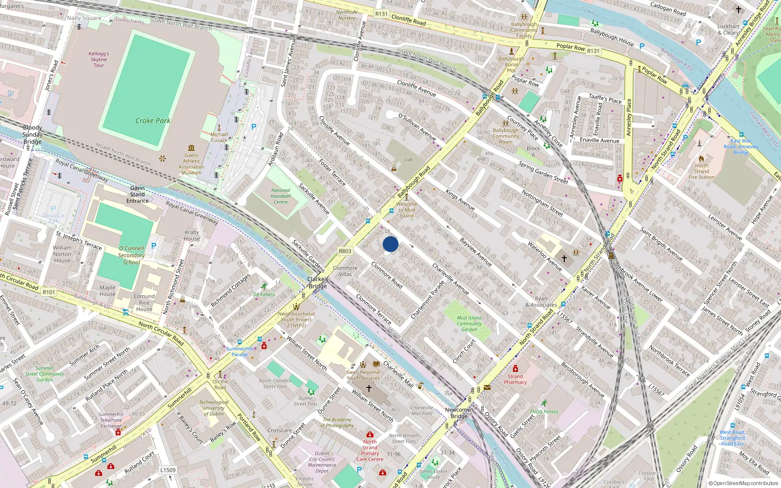 Overhead map showing the location of 2 Foster Place North, North Strand, Dublin 3
