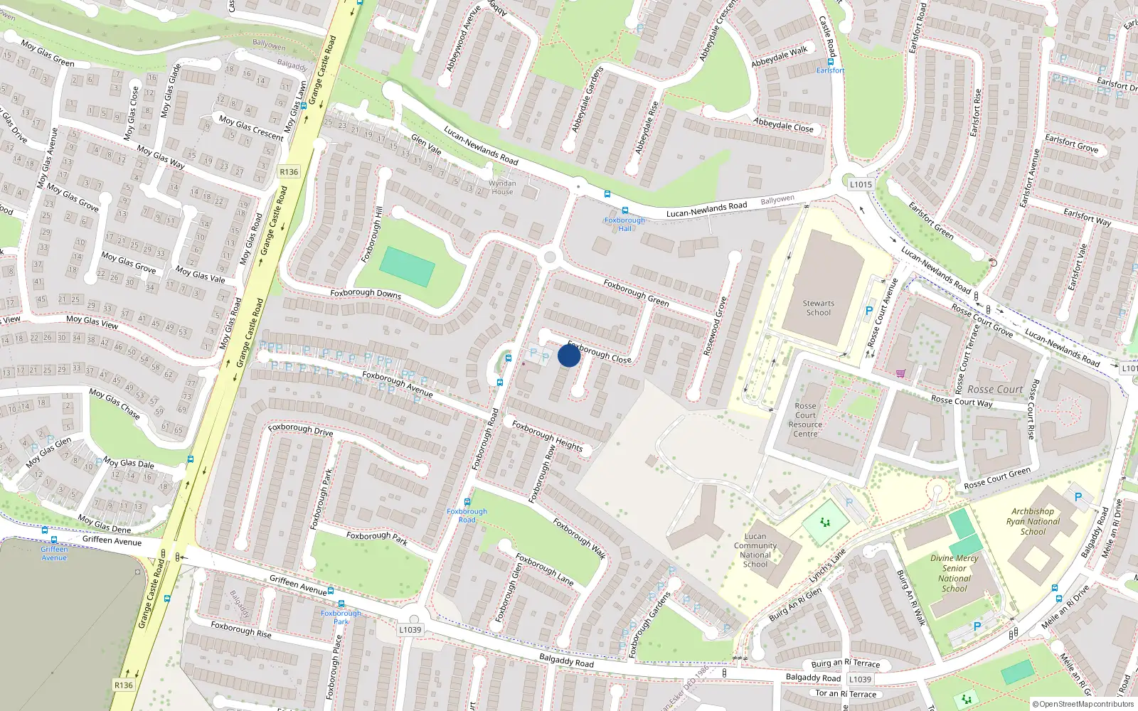 Overhead map showing the location of 2 Foxborough Glade, Lucan, Dublin