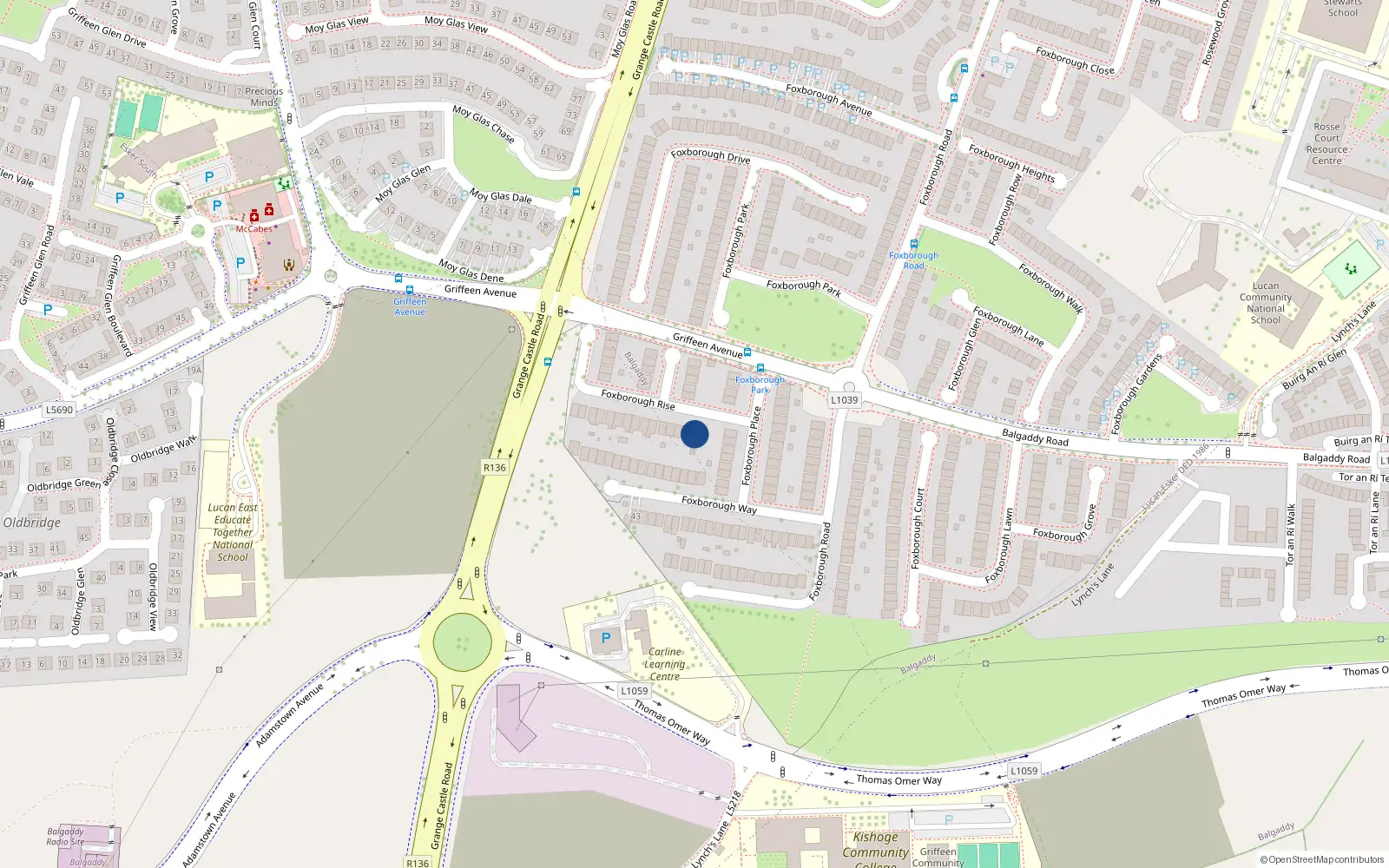 Overhead map showing the location of 2 Foxborough Rise, Lucan, Dublin