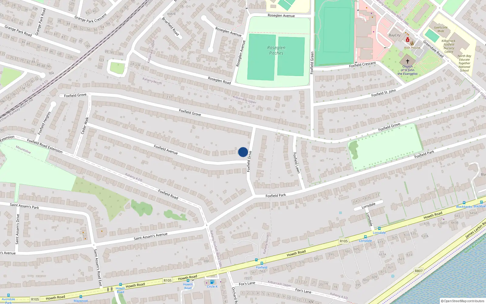 Overhead map showing the location of 2 Foxfield Avenue, Dublin 5