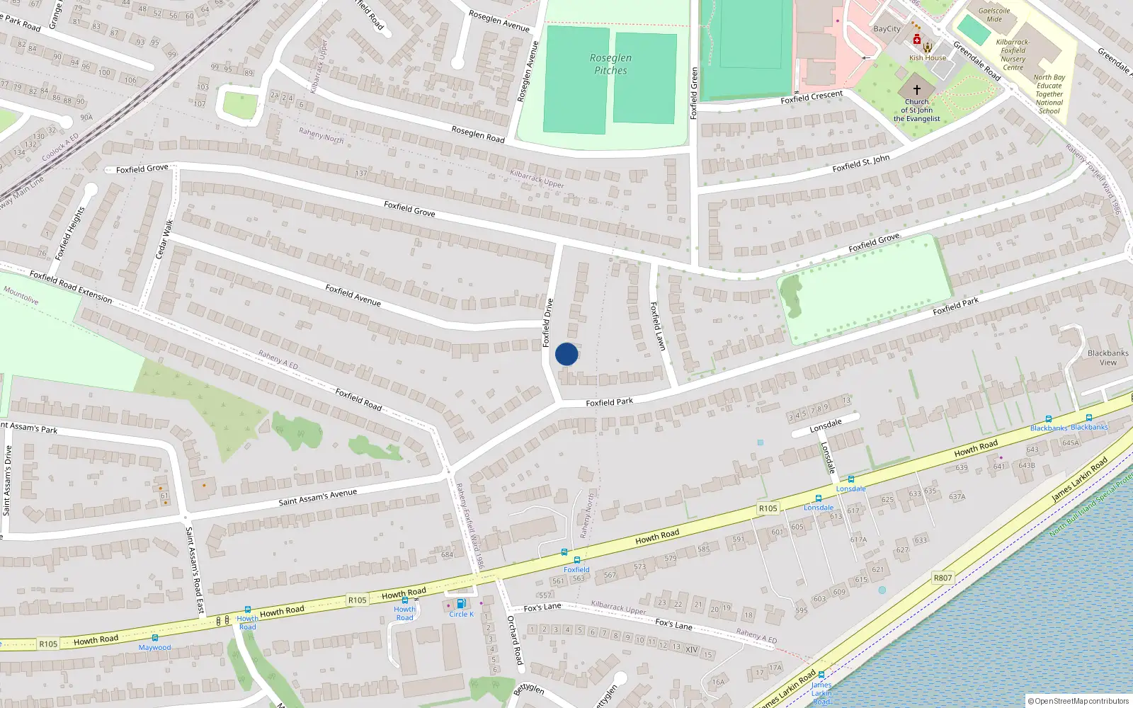 Overhead map showing the location of 2 Foxfield Drive, Raheny, Dublin 5