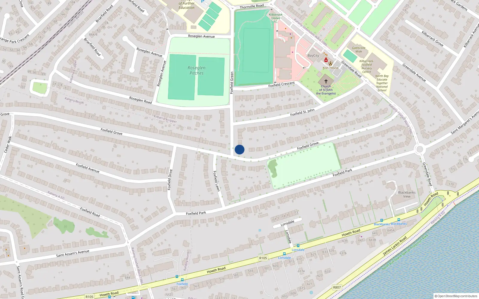 Overhead map showing the location of 2 Foxfield Green, Raheny, Dublin 5