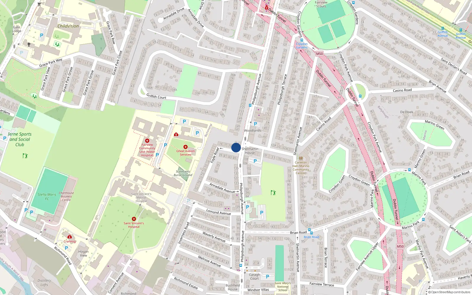 Overhead map showing the location of 2 Foyle Road, Fairview, Dublin 3
