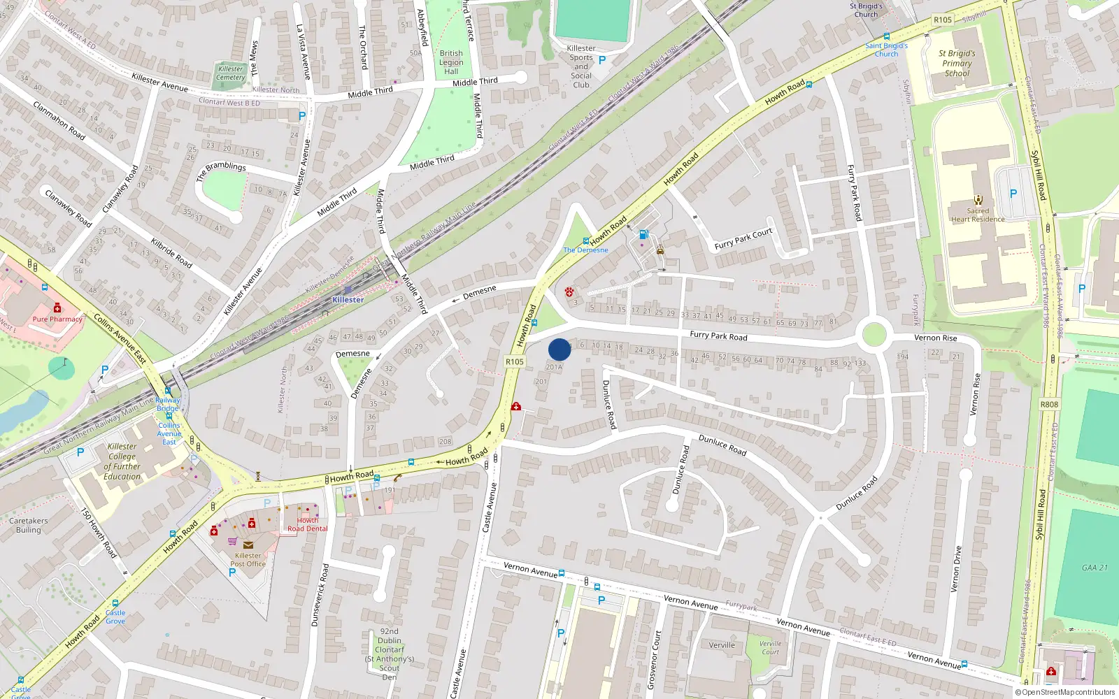 Overhead map showing the location of 2 Furry Park Road, Dublin 5