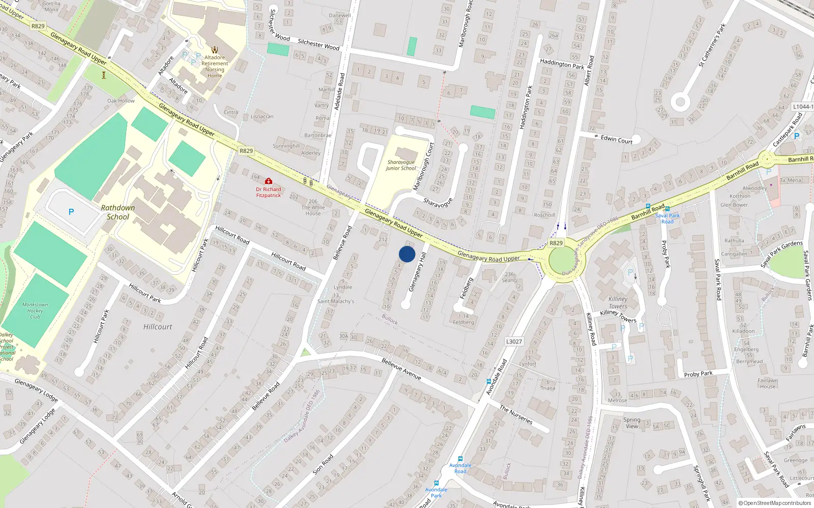 Overhead map showing the location of 2 Glenageary Hall, Dublin