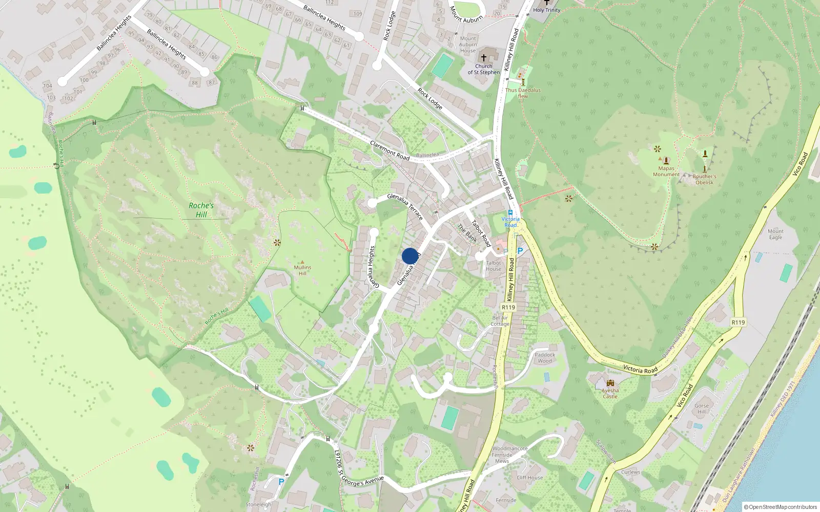 Overhead map showing the location of 2 Glenalua Terrace, Glenalua Road, Killiney