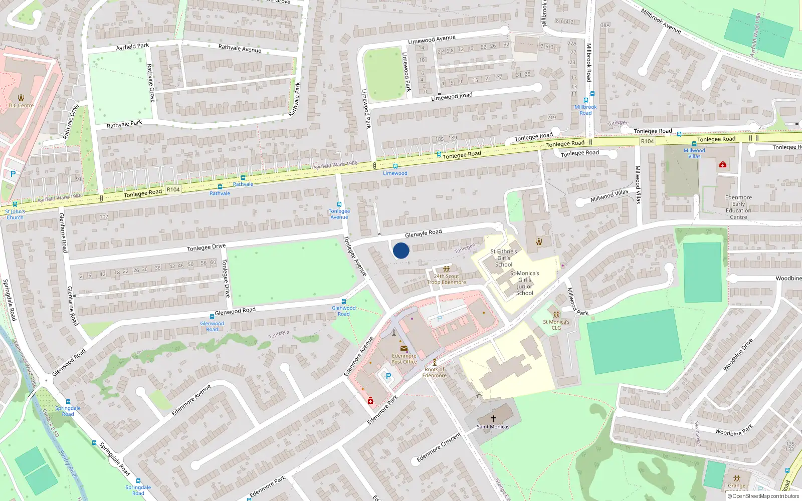 Overhead map showing the location of 2 Glenayle Road, Raheny, Dublin