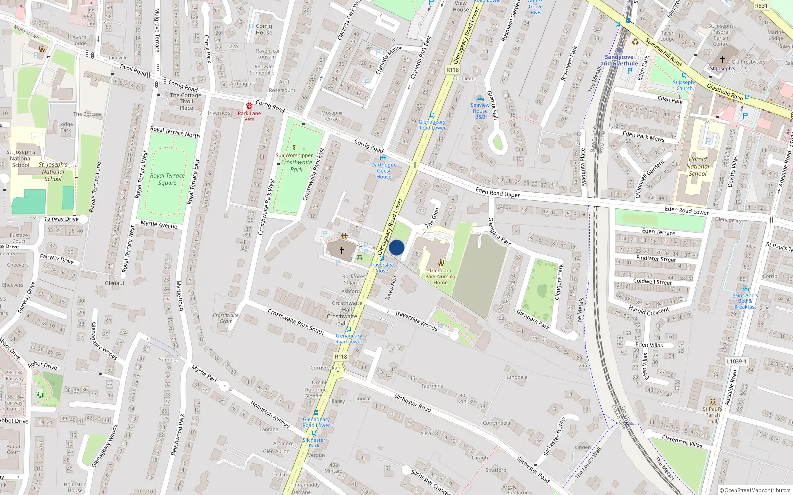 Overhead map showing the location of 2 Glengara Close, Glenageary Road Lower, Dun Laoghaire