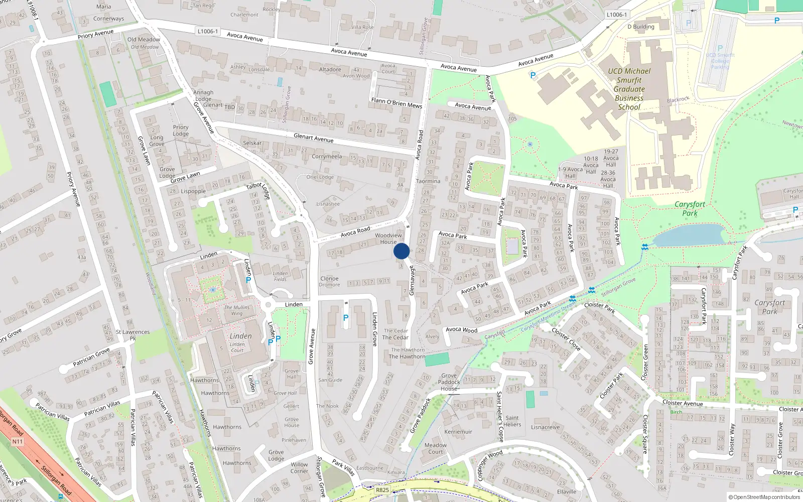 Overhead map showing the location of 2 Glensavage, Avoca Road, Blackrock