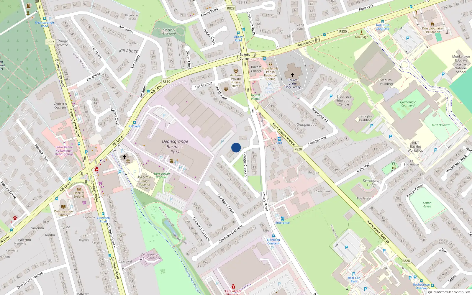 Overhead map showing the location of 2 Grange Crescent, Dun Laoghaire
