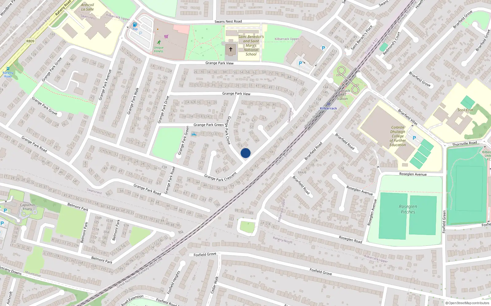 Overhead map showing the location of 2 Grange Park Close, Dublin 5