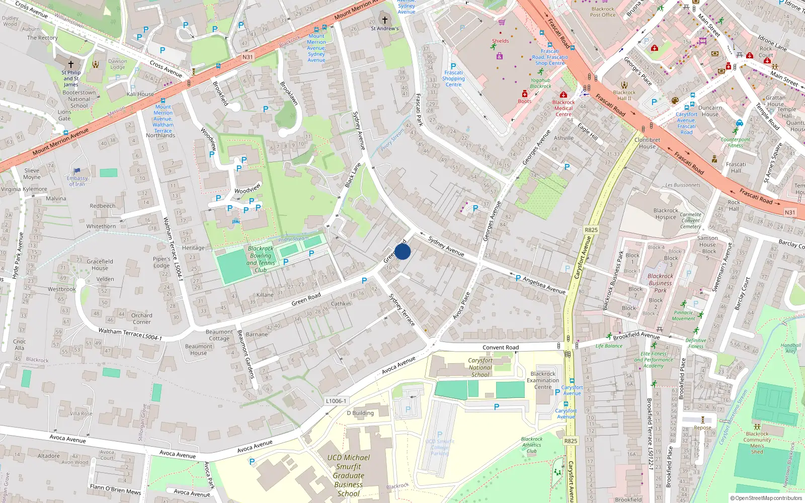Overhead map showing the location of 2 Green Road, Blackrock