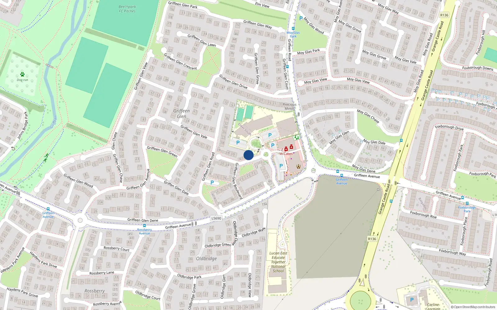 Overhead map showing the location of 2 Griffeen Glen Boulevard, Lucan