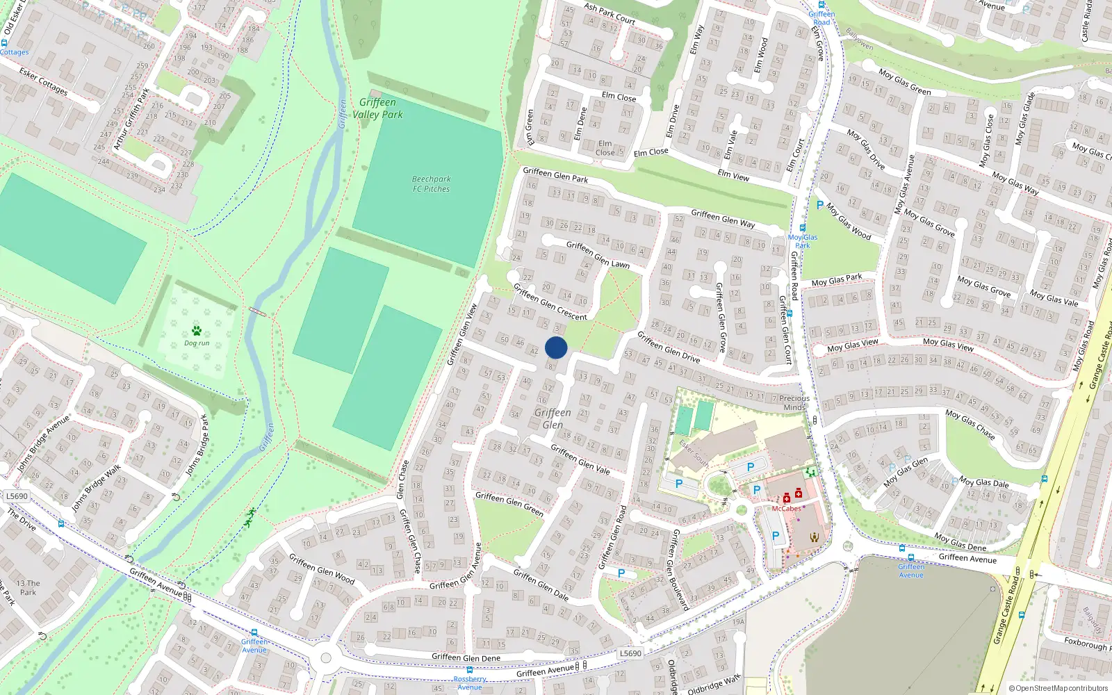 Overhead map showing the location of 2 Griffeen Glen Close, Lucan