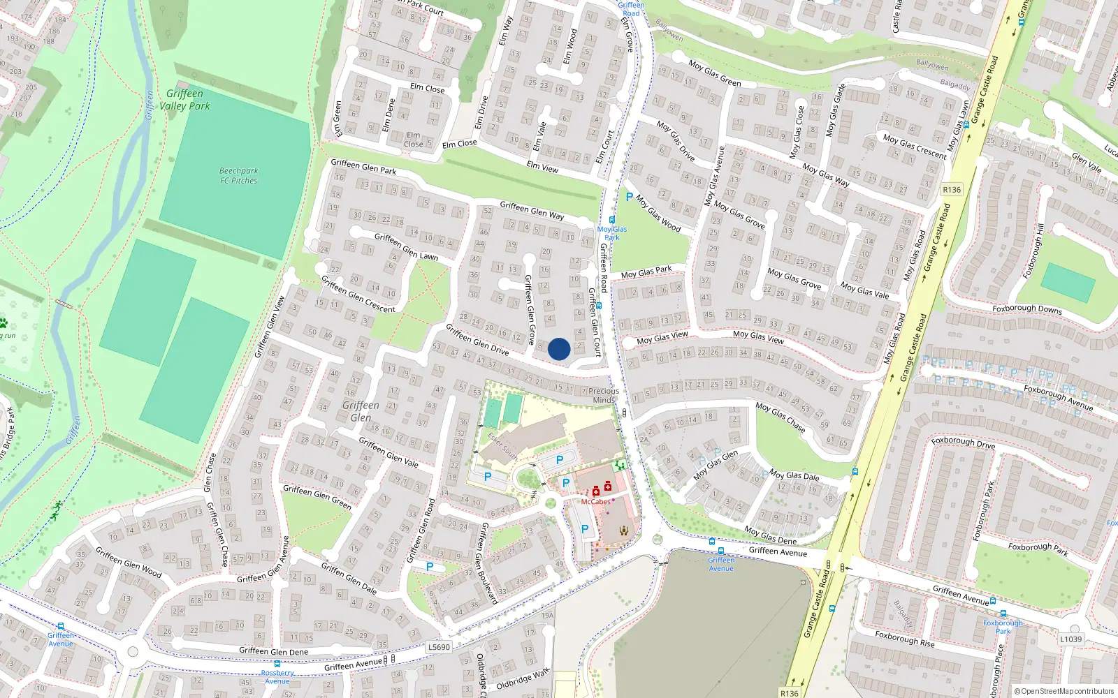 Overhead map showing the location of 2 Griffeen Glen Drive, Lucan