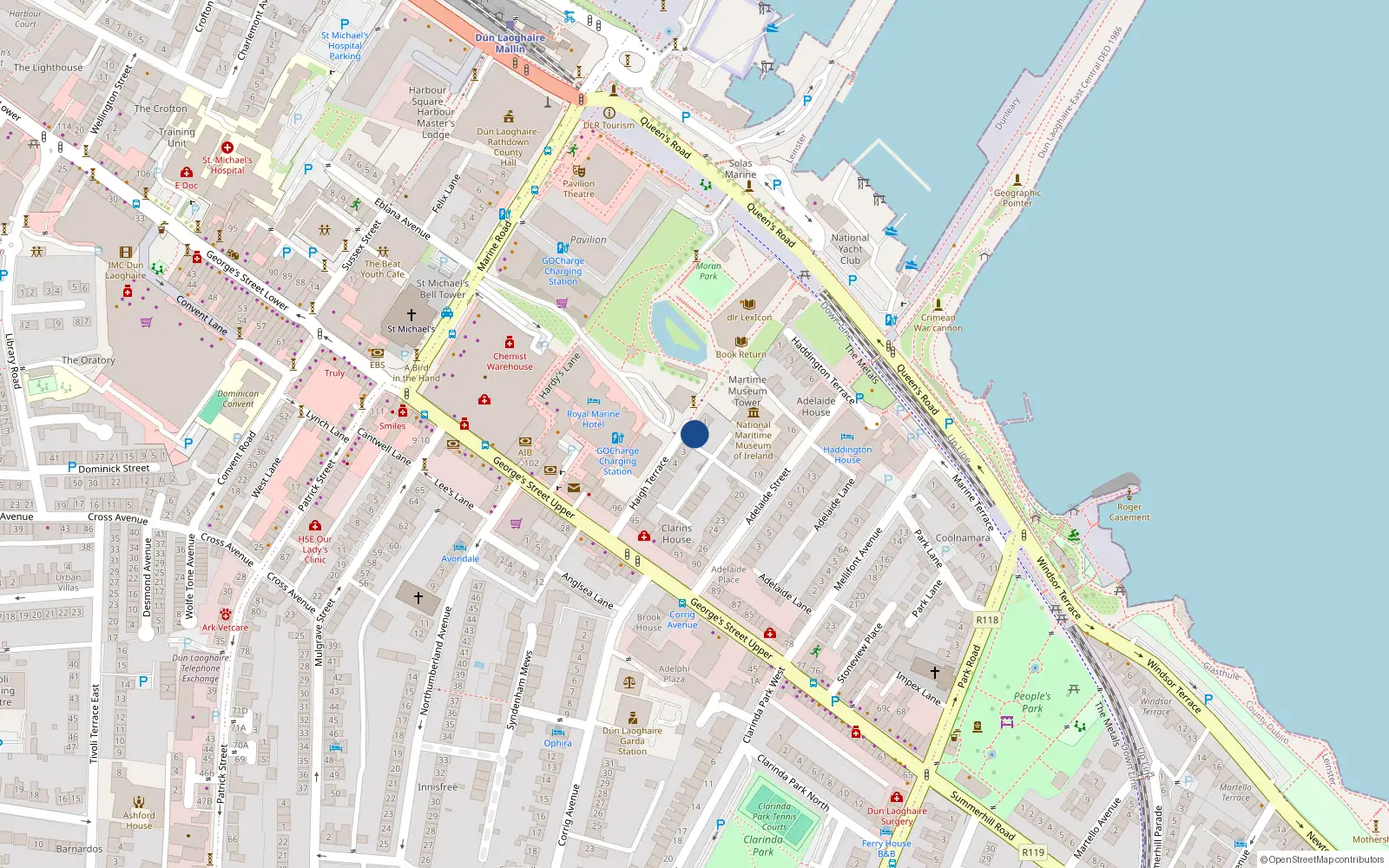 Overhead map showing the location of 2 Haigh Terrace, Dun Laoghaire, Dublin