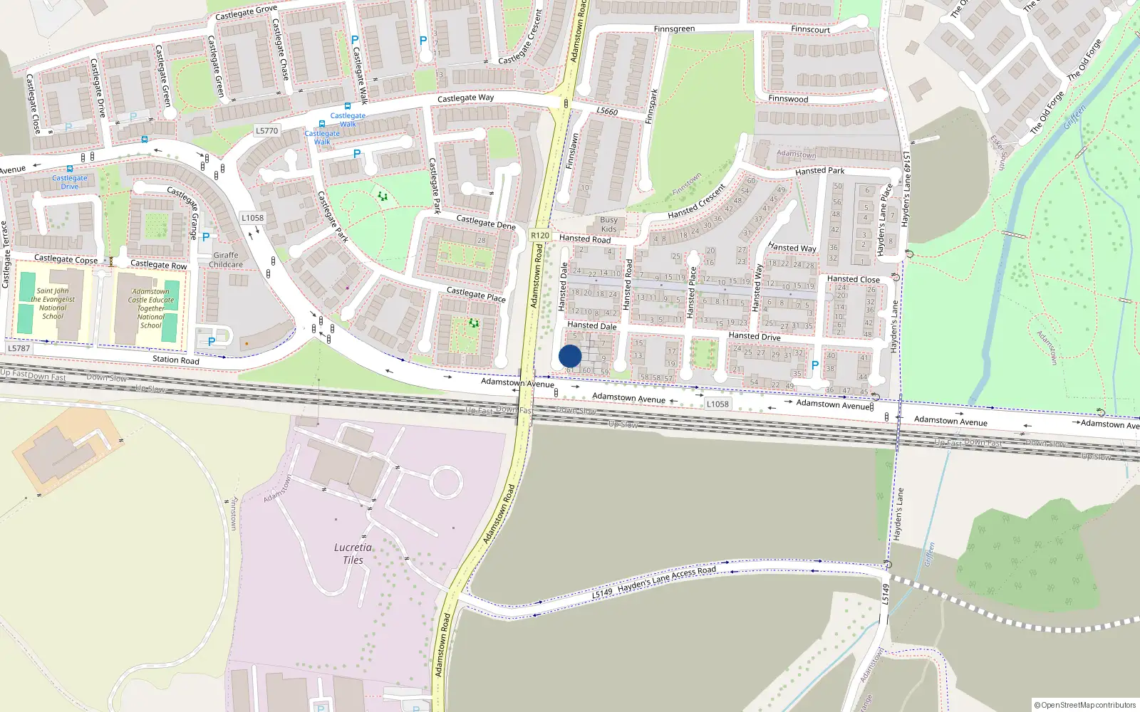 Overhead map showing the location of 2 Hanstead Grove, Hanstead, Lucan
