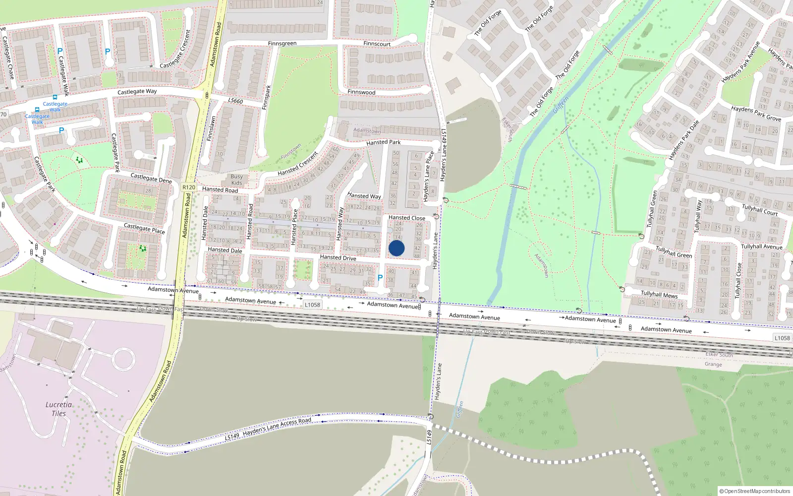 Overhead map showing the location of 2 Hansted Close, Lucan