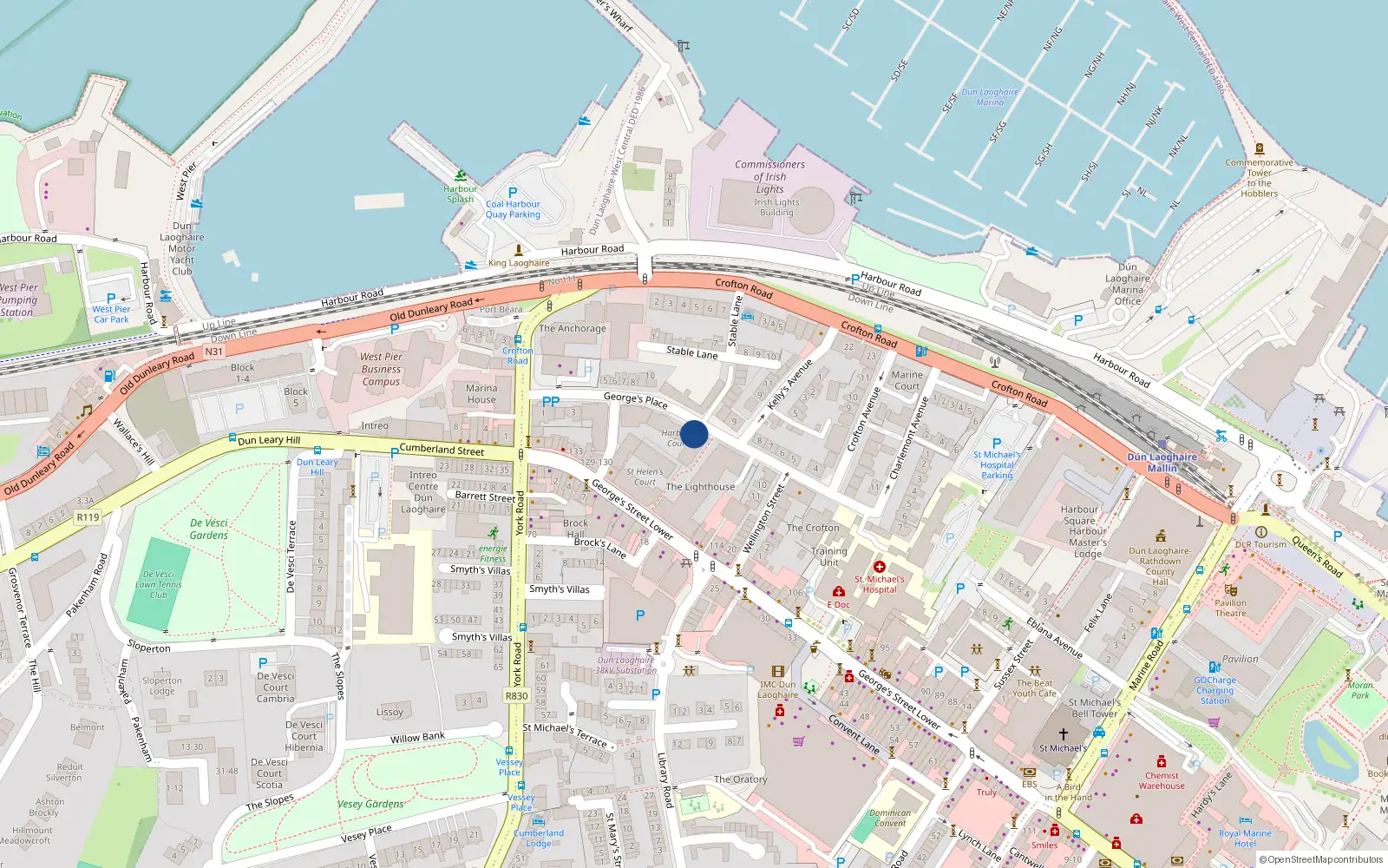Overhead map showing the location of 2 Harbour Court, Georges Place, Dun Laoghaire