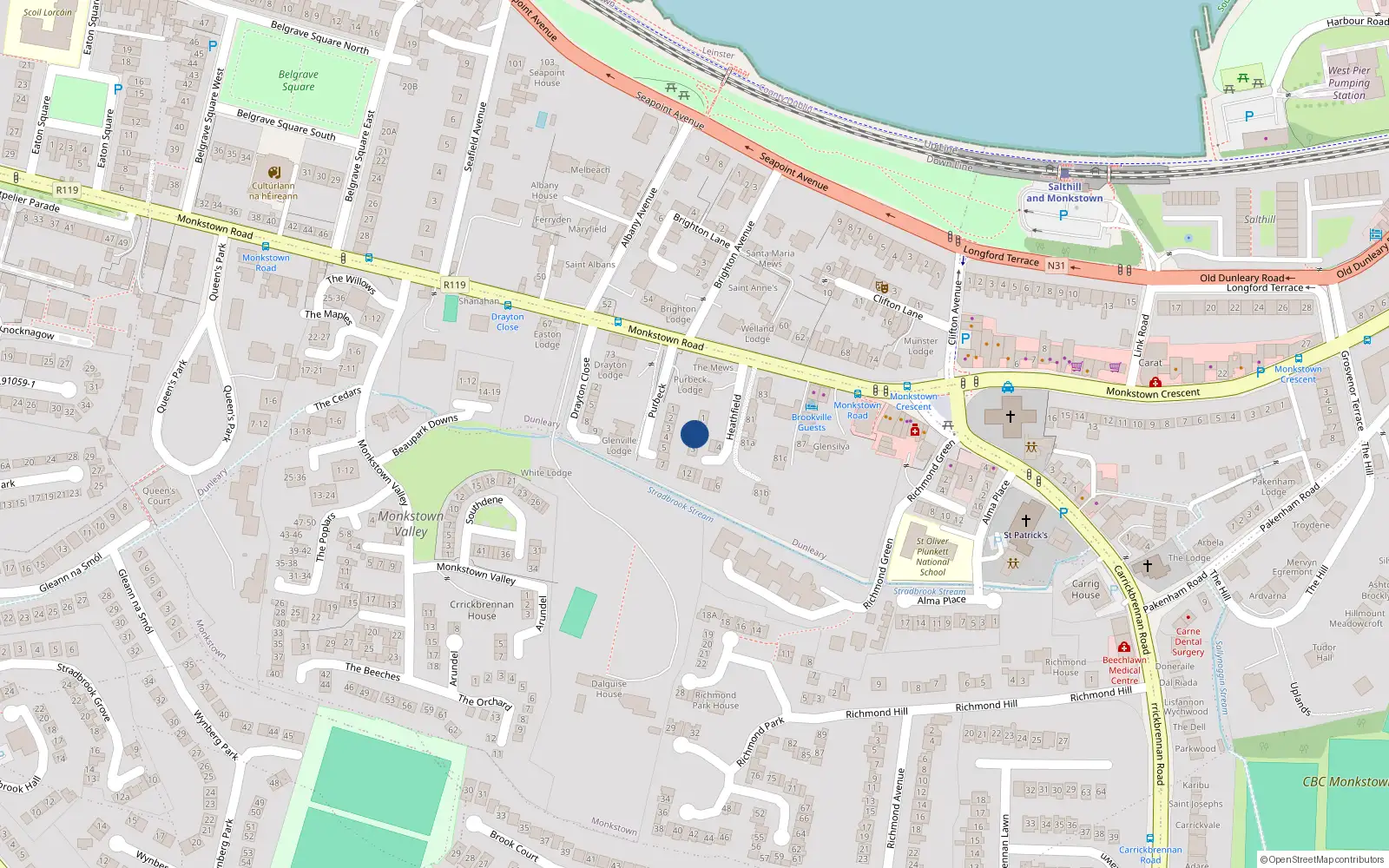Overhead map showing the location of 2 Heathfield, Monkstown Road, Blackrock