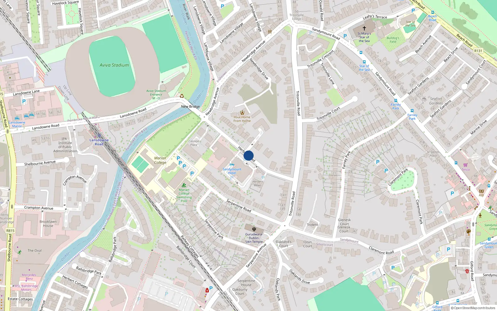 Overhead map showing the location of 2 Herbert Road, Sandymount