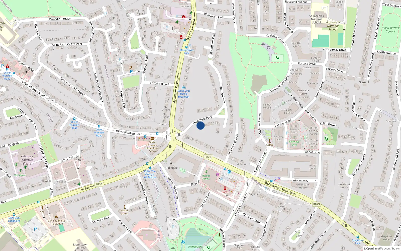 Overhead map showing the location of 2 Highthorn Park, Dun Laoghaire