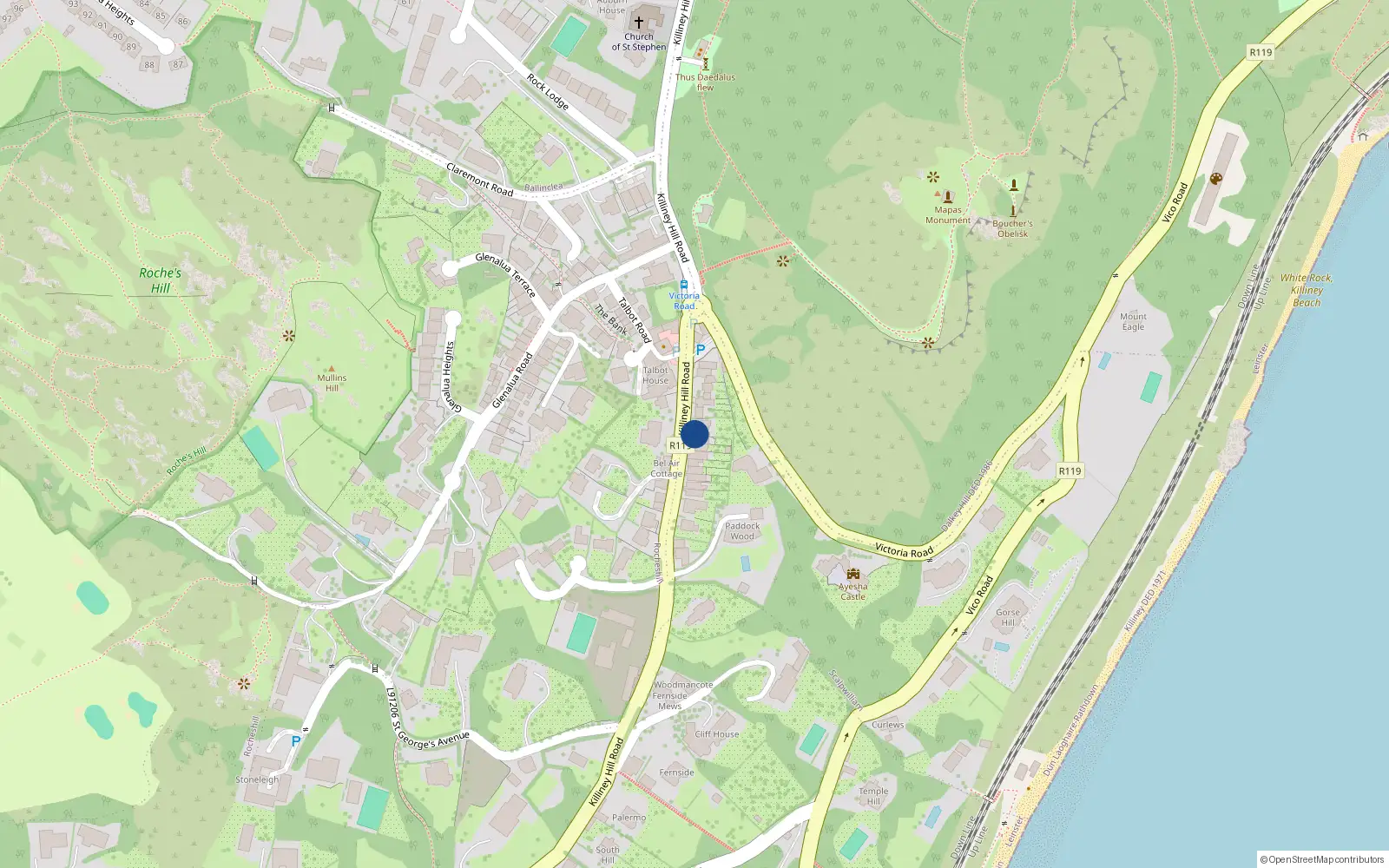 Overhead map showing the location of 2 Hill Cottages, Killiney Hill Road, Killiney