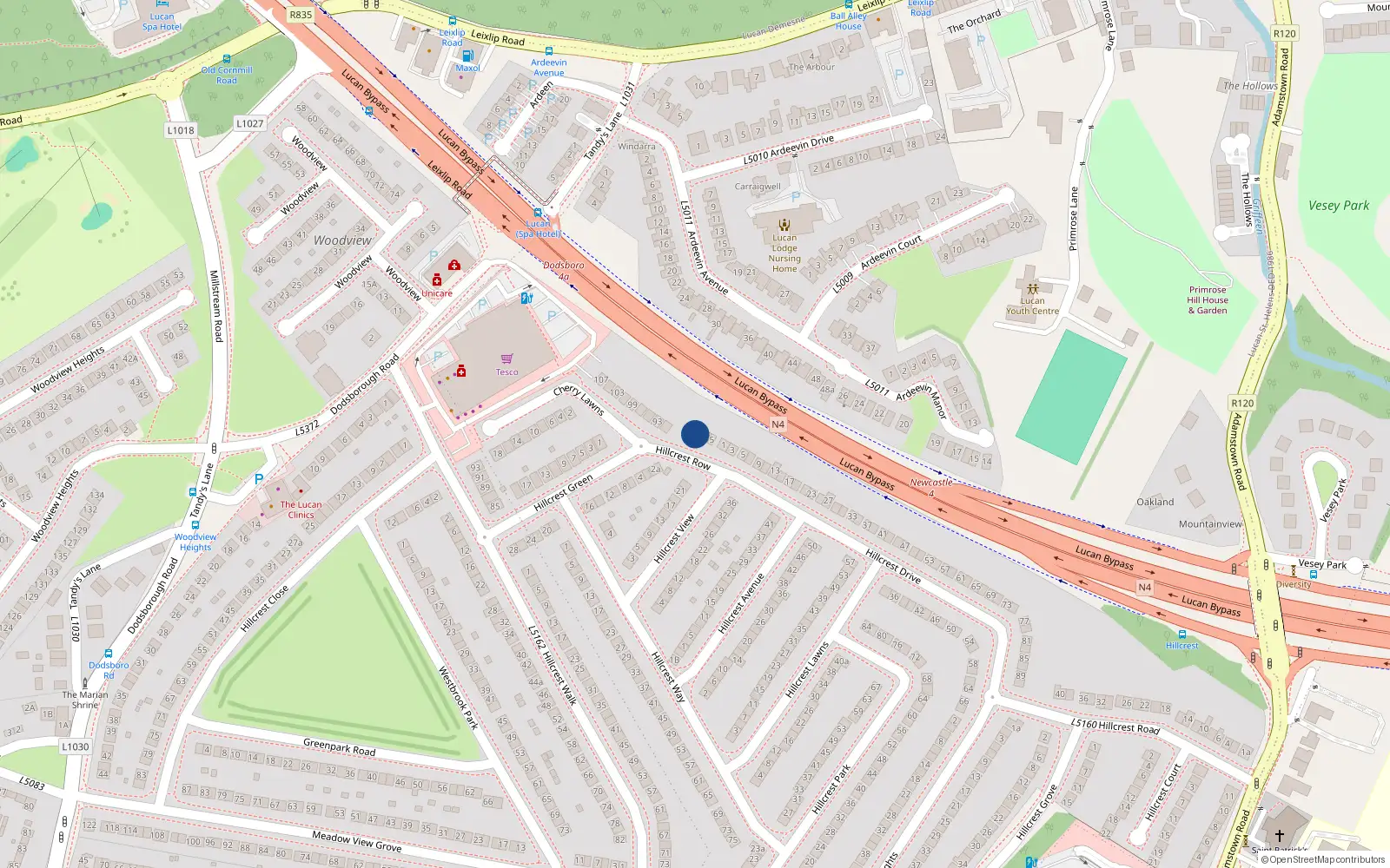 Overhead map showing the location of 2 Hillcrest Row, Lucan