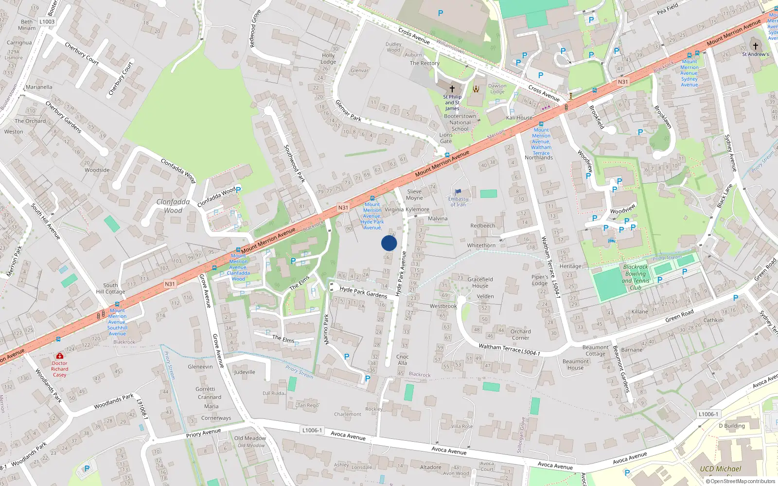 Overhead map showing the location of 2 Hyde Park Avenue, Blackrock, Dublin