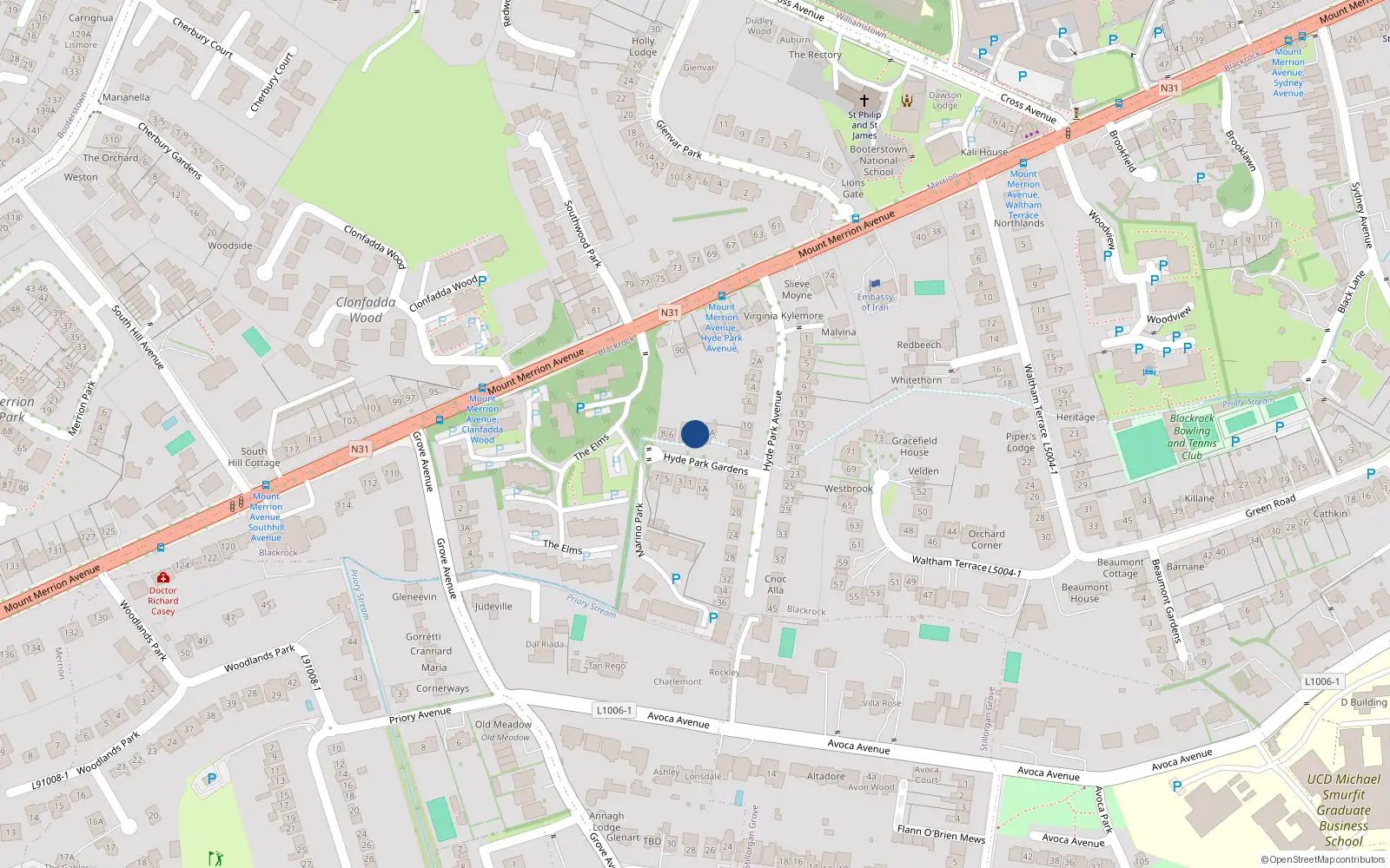 Overhead map showing the location of 2 Hyde Park Gardens, Blackrock