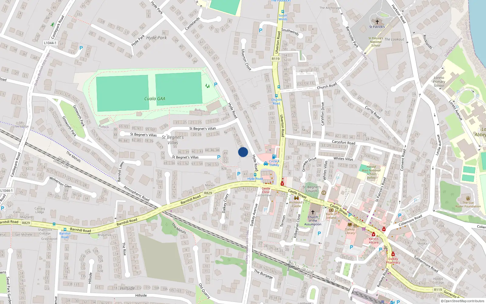 Overhead map showing the location of 2 Hyde Road, Dalkey