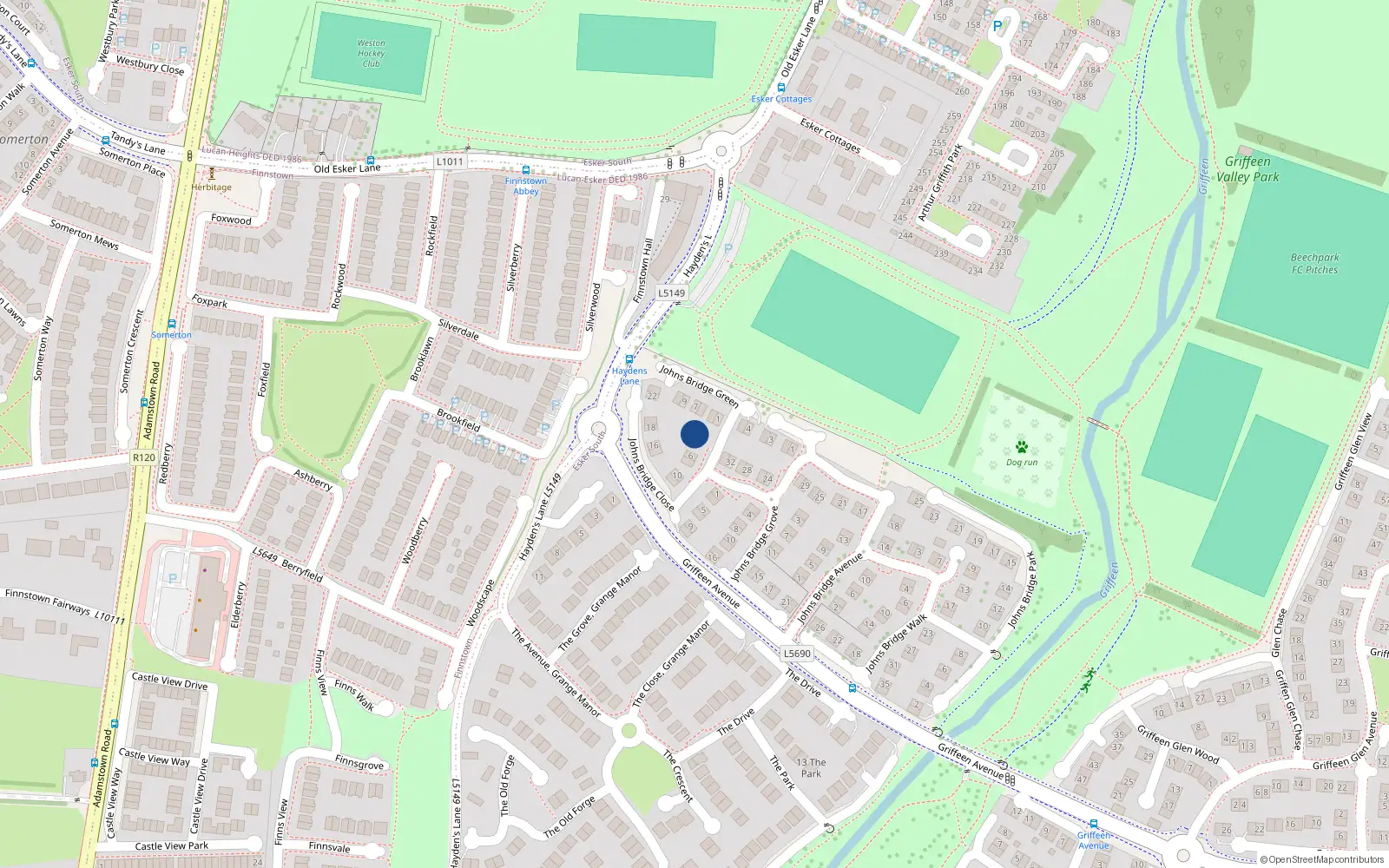 Overhead map showing the location of 2 Johnsbridge Close, Lucan, Dublin