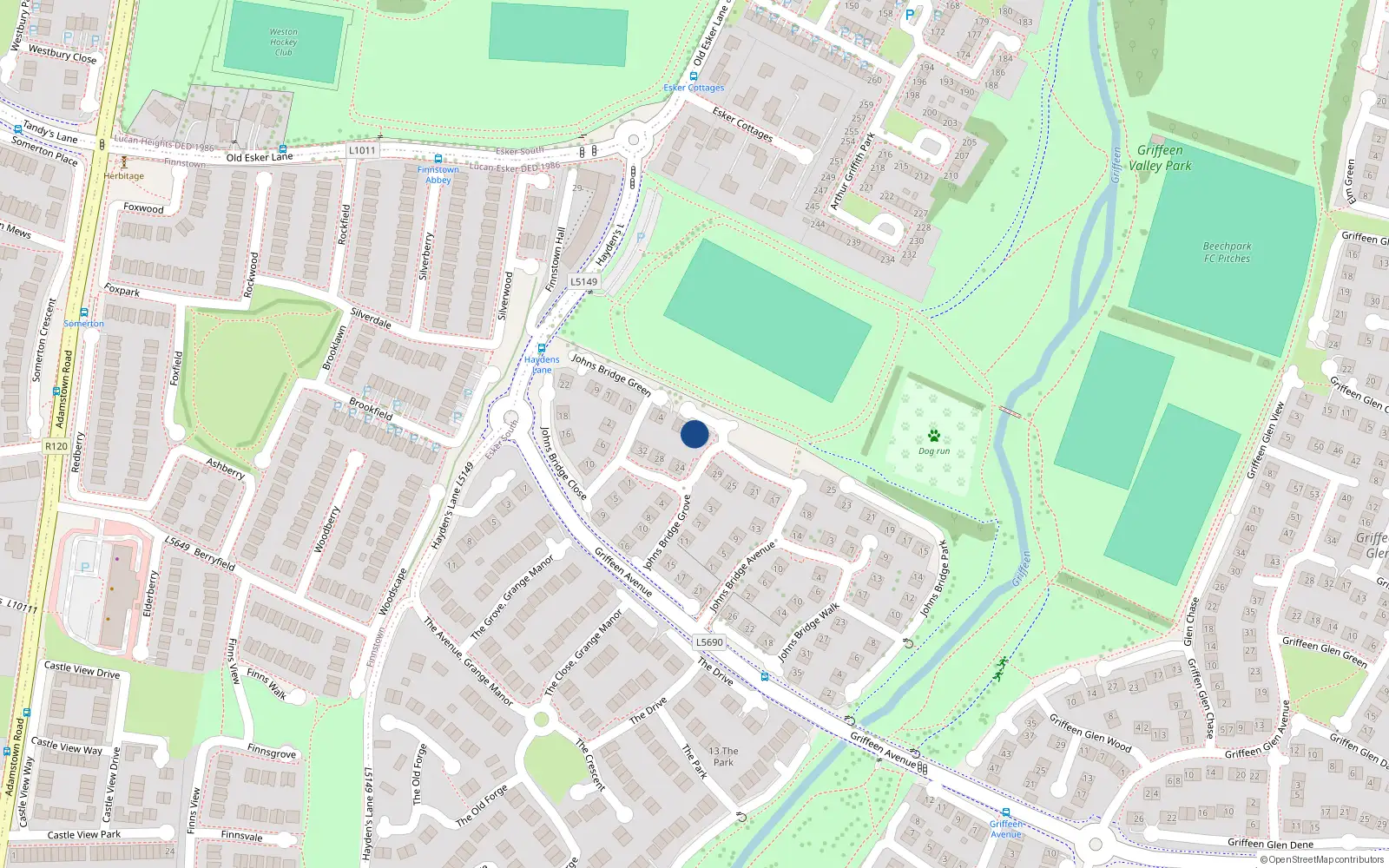 Overhead map showing the location of 2 Johnsbridge Meadows, Lucan, Dublin