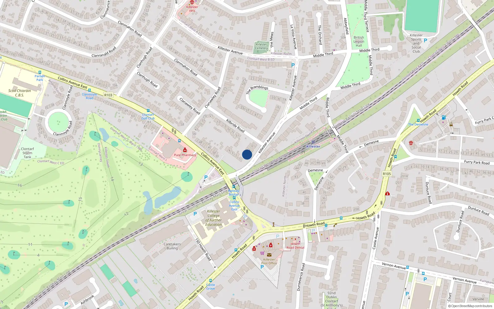 Overhead map showing the location of 2 Killester Avenue, Killester, Dublin 5