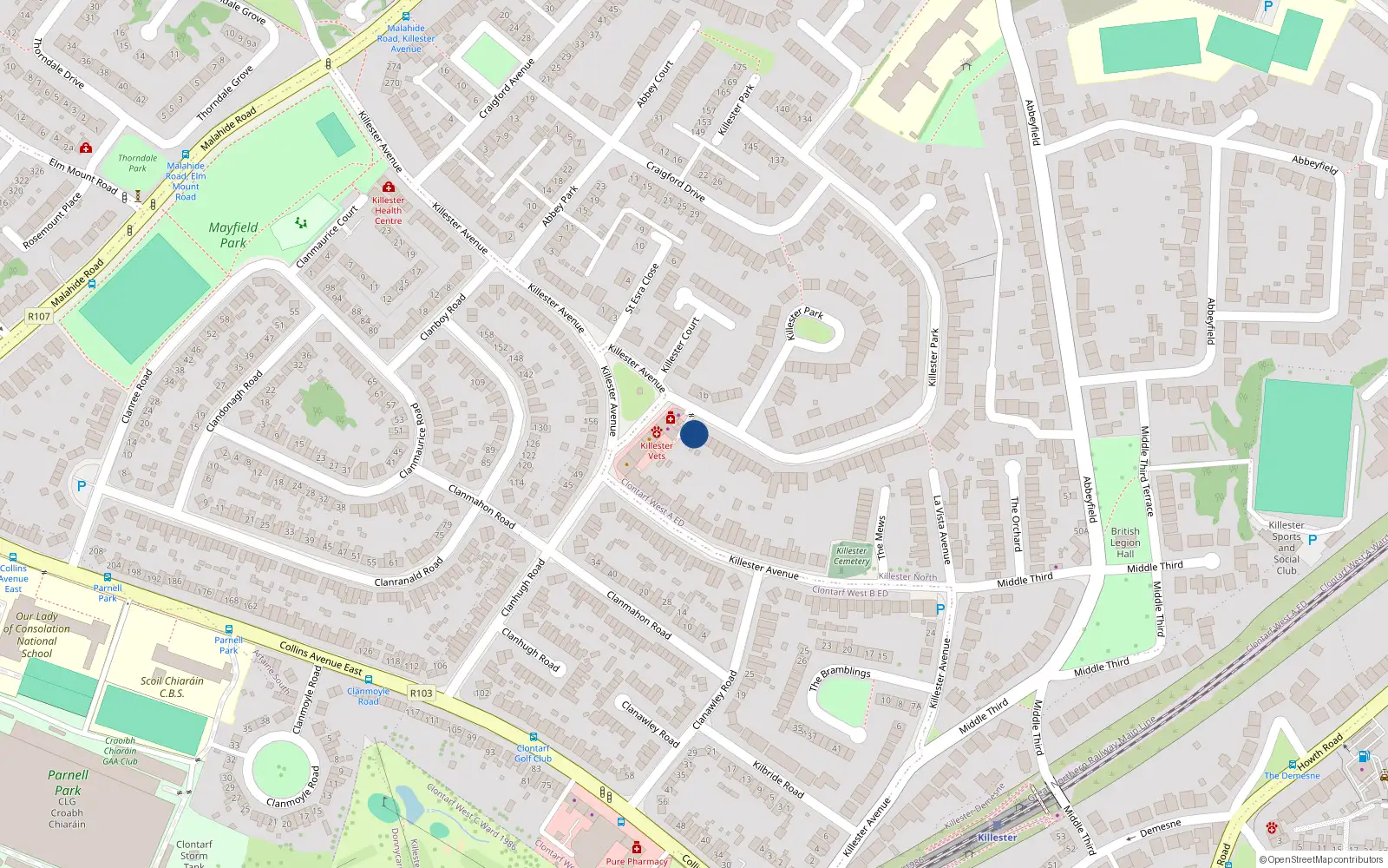 Overhead map showing the location of 2 Killester Park, Killester, Dublin