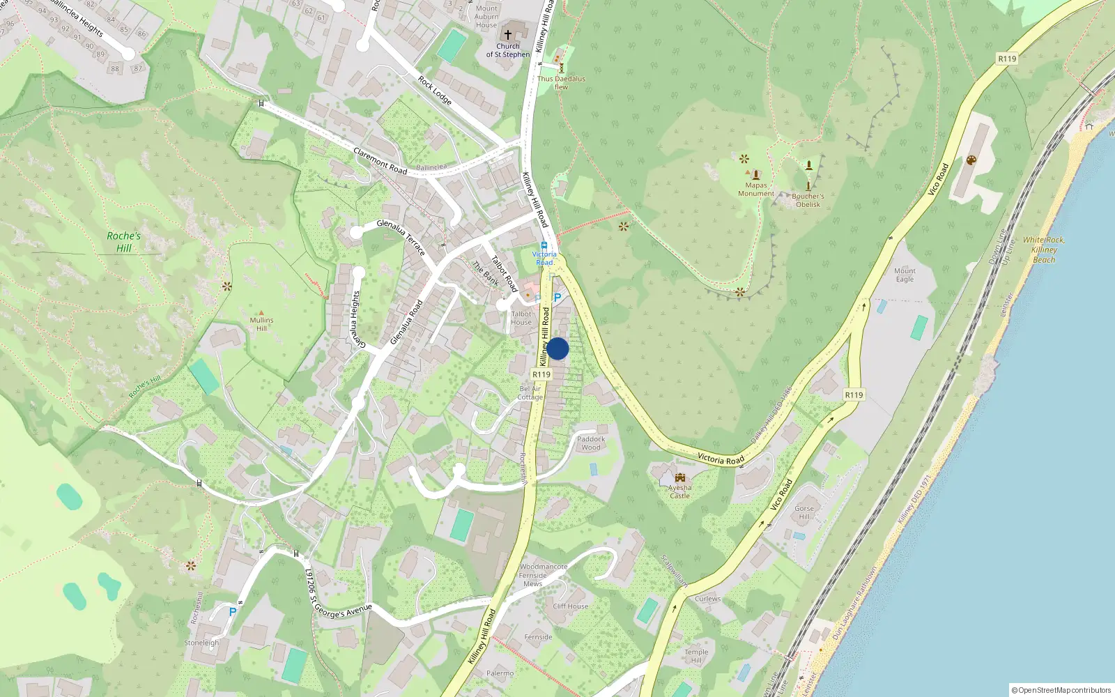 Overhead map showing the location of 2 Killiney Hill Road, Killiney