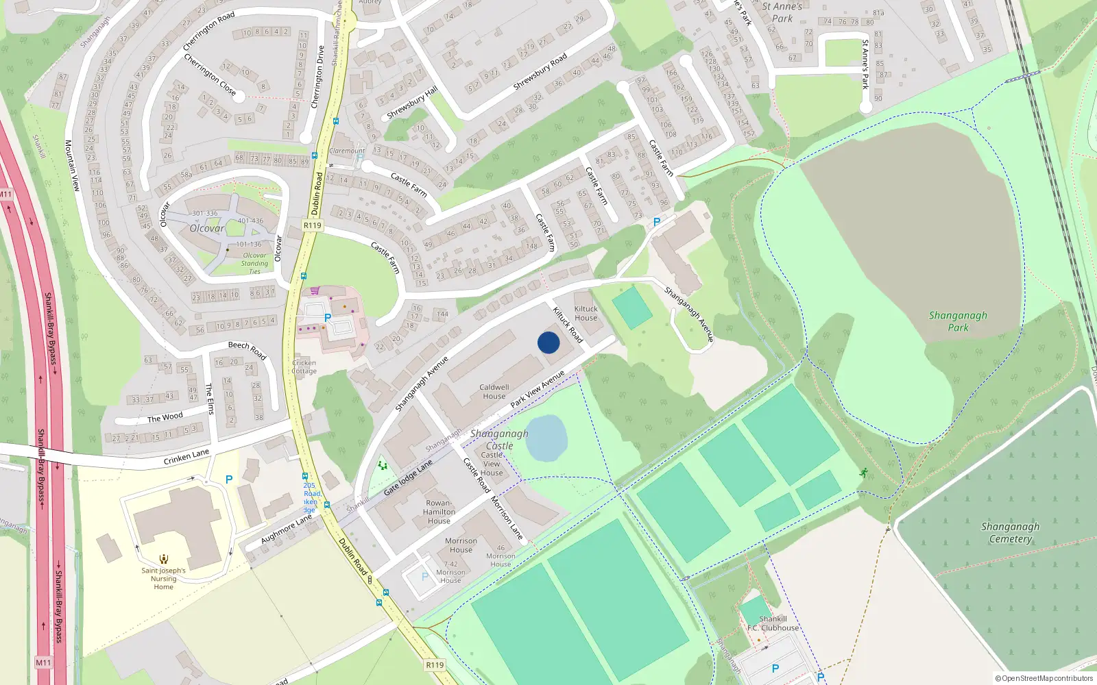 Overhead map showing the location of 2 Kiltuck Road, Dublin 18