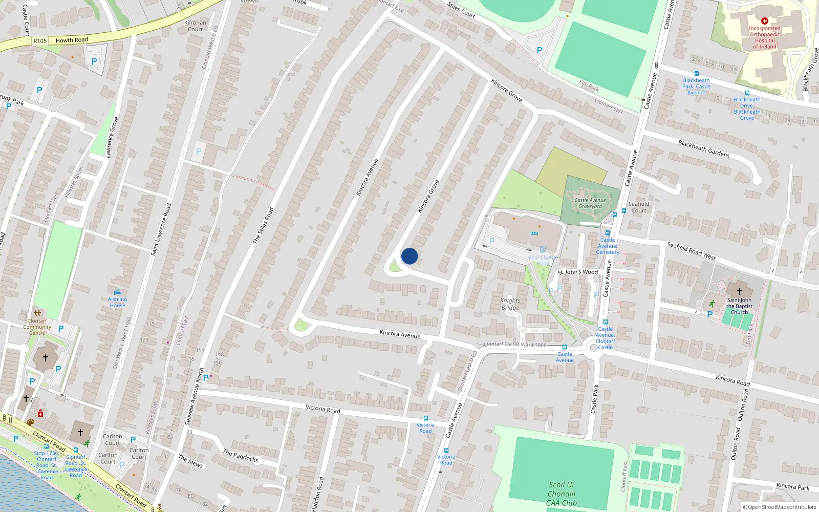Overhead map showing the location of 2 Kincora Drive, Clontarf, Dublin 3