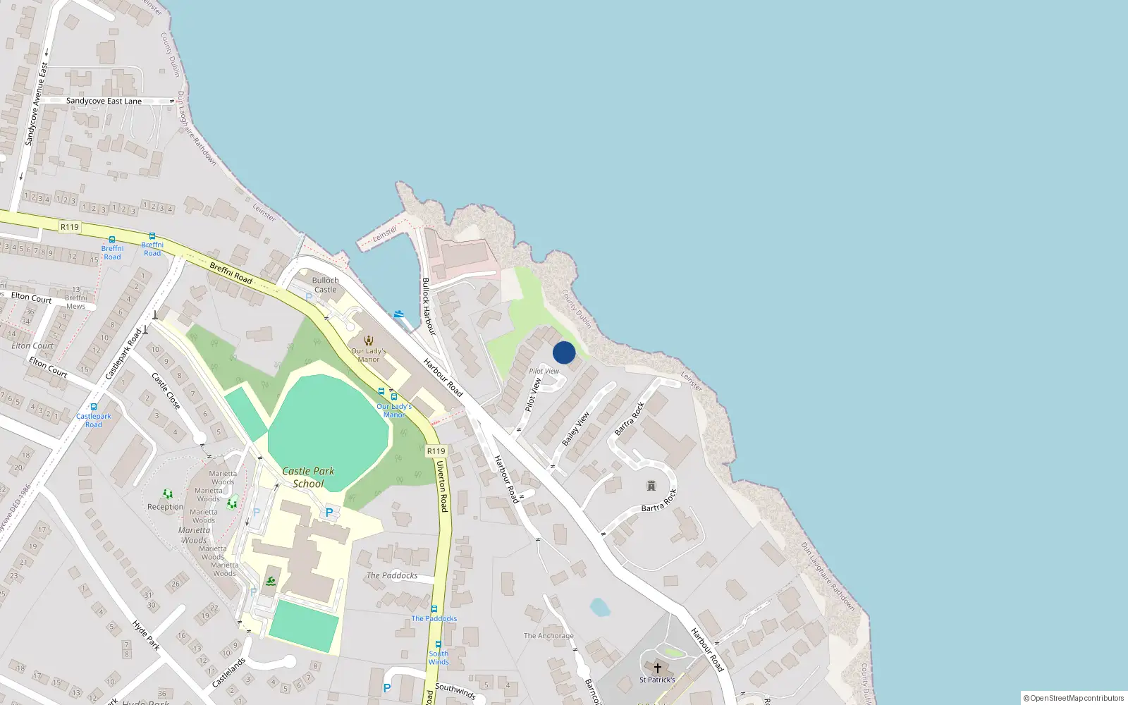 Overhead map showing the location of 2 Kintyre Pilot View, Harbour Road, Dalkey